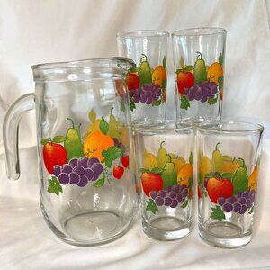 Vintage Crisa Fruit Glass Pitcher 4 Tumblers 5 Piece Set